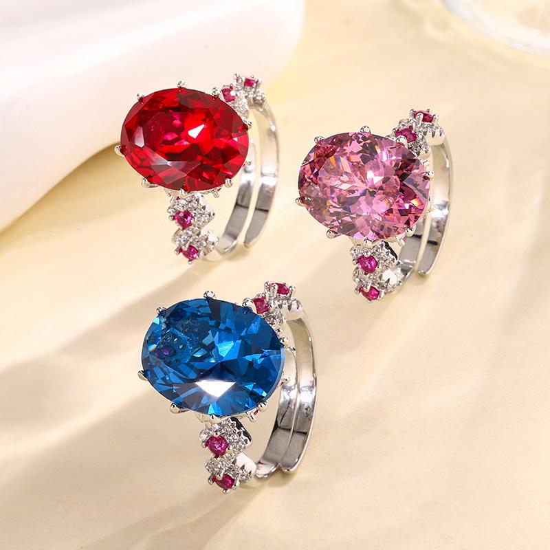 Jewelry Copper Bottom Gold-Plated Simulation Color Treasure Corundum Egg-Shaped Color Jumping Creative Ring 12 * 16