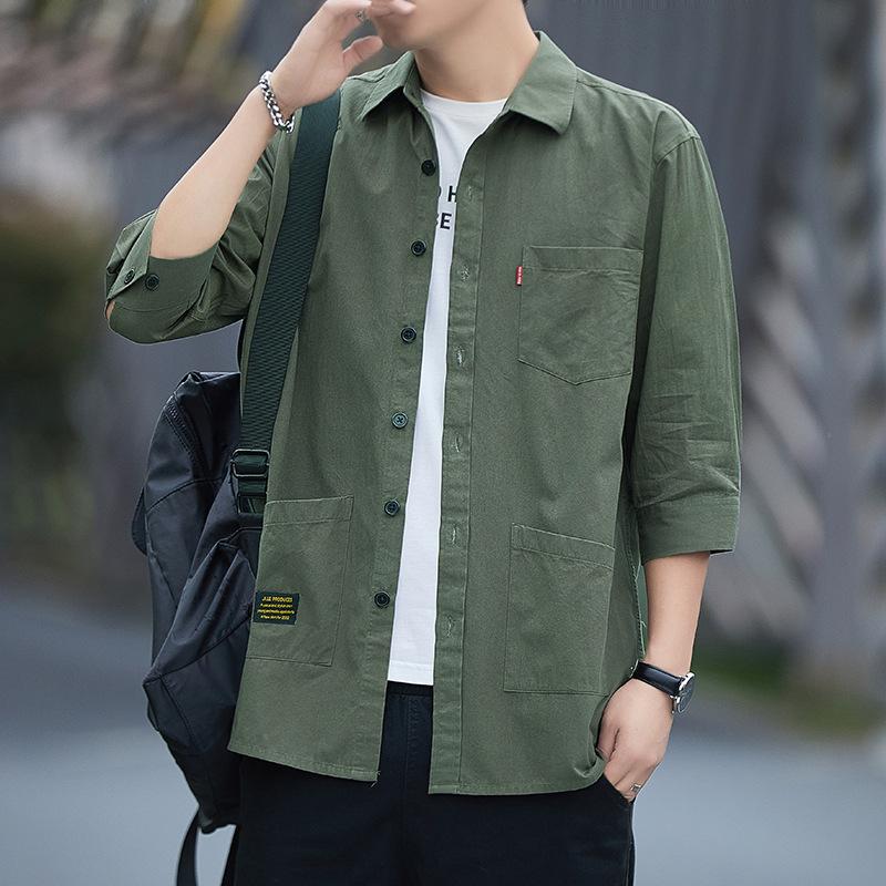 

Рубашка с рукавом 7/8 из чистого хлопка для мужчин Универсальная куртка Летняя трендовая Универсальная Повседневная Однотонная Мужская одежда Рубашка для мужчин 4XL