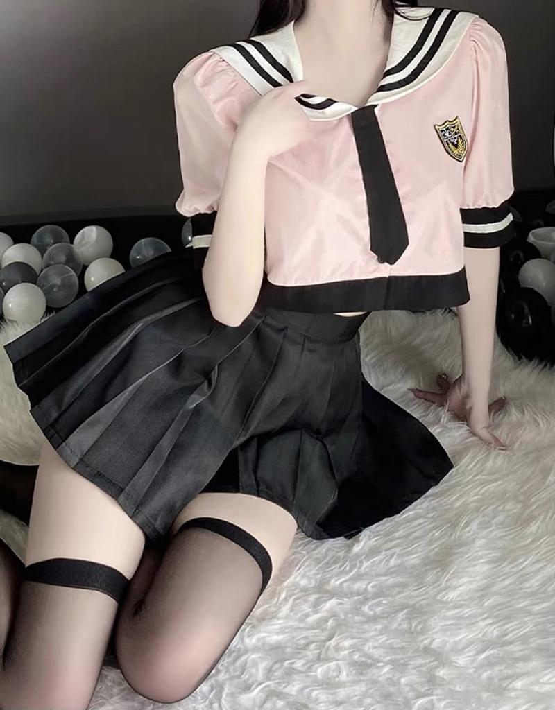 Sailor Sexy Navel JK Short High School Naughty Top and Bottom 4 Piece One Size [YAISHN] Uniform, Cosplay, Pink, Black, Baring, Exposure, Extreme,