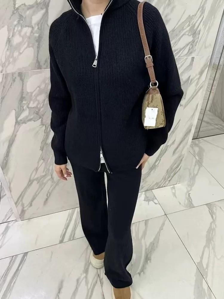Women's European & American Style Thick Knit Zipper Cardigan Sweater + Wide-Leg Pants Two-Piece Set for Autumn/Winter