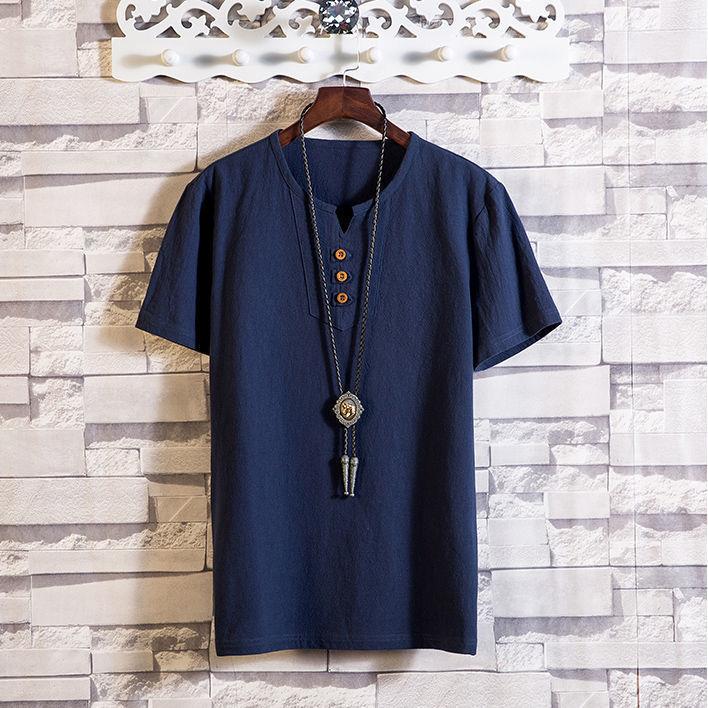 Men's Large-Size Chinese Style Casual T-Shirt - Solid Color  Imitation Cotton and Linen Short-Sleeved