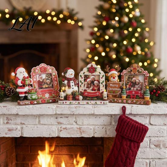 Poplar Wood Photo Frame Christmas 2D Wooden Picture Frame Painted Snowman Santa Xmas Rustic Tabletop Decoration Decor Keepsake Ornament Holiday