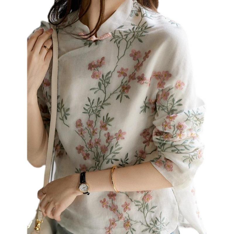 Übergröße Frühling und Herbst Chinesisches verbessertes Cheongsam-Oberteil Pfirsichbluse Vintage Plattenknopf Langarm bedrucktes Hemd