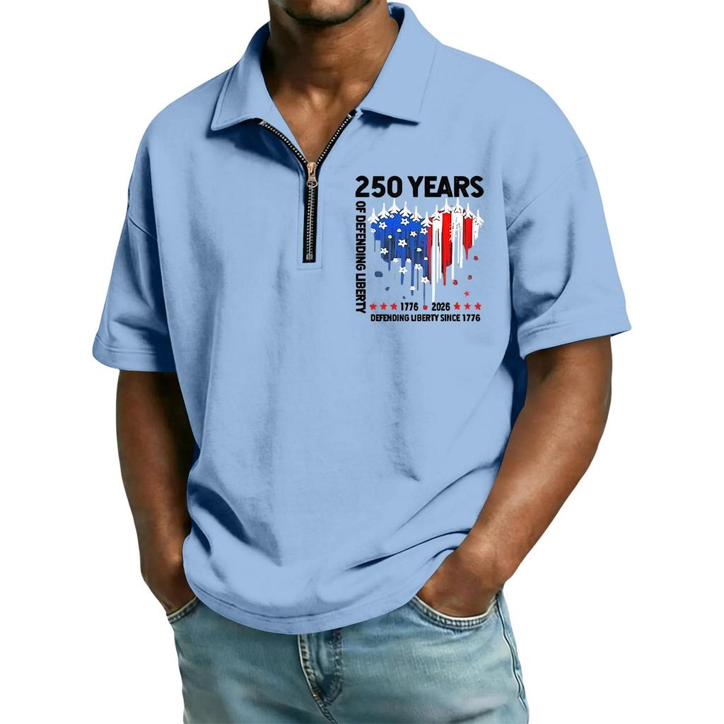 Men’s Short Sleeve Zipper Polo Shirt 250 Years Printed Lapel Collar Top Casual Lightweight Comfortable Fit Tee
