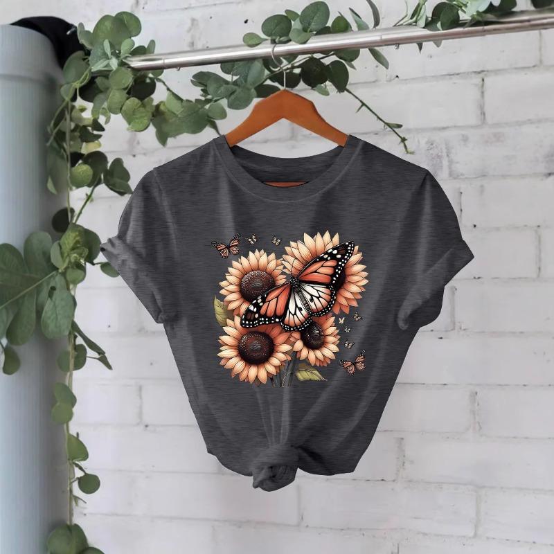 Summer New Short-sleeved Fashion T-shirts Featuring Sunflowers and Butterflies
