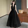 French Black V-neck Neck Dress Women's Summer Vacation Style Sexy Babes Backless Beautiful Dress Long Skirt