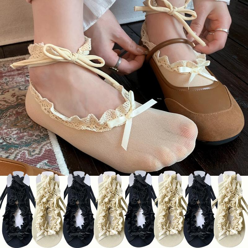 1/2pairs Japanese Ballet Style Bowknot Lace Up No-show Socks Women Tie Straps Slipper Boat Sock Sweet Cute Lolita JK Dance Socks