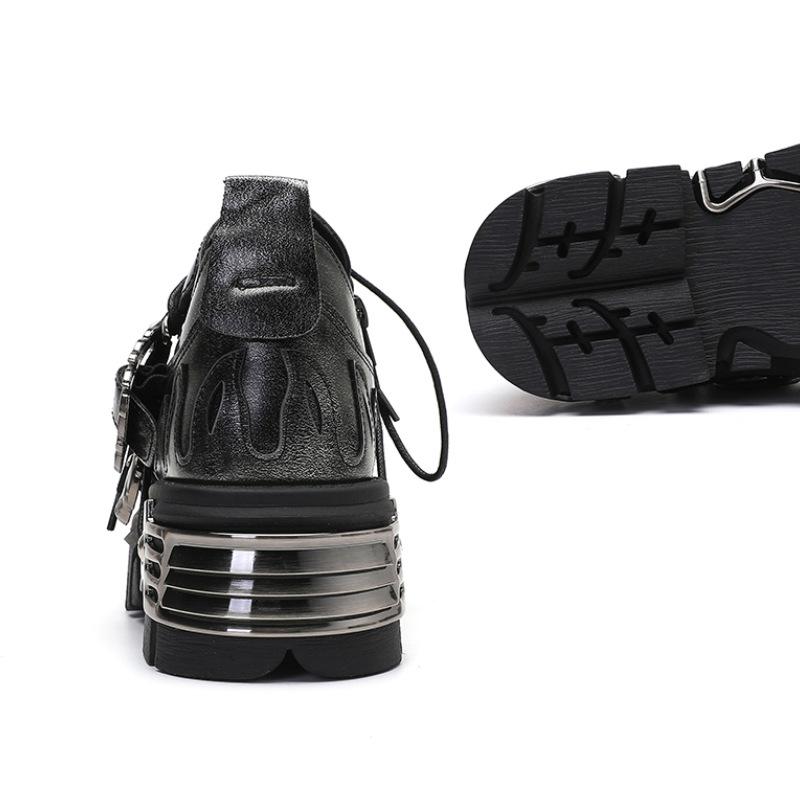 New Gothic Punk Shoes Dark Flame Embroidery Chunky Platform Low Top Women Retro Leather Shoes