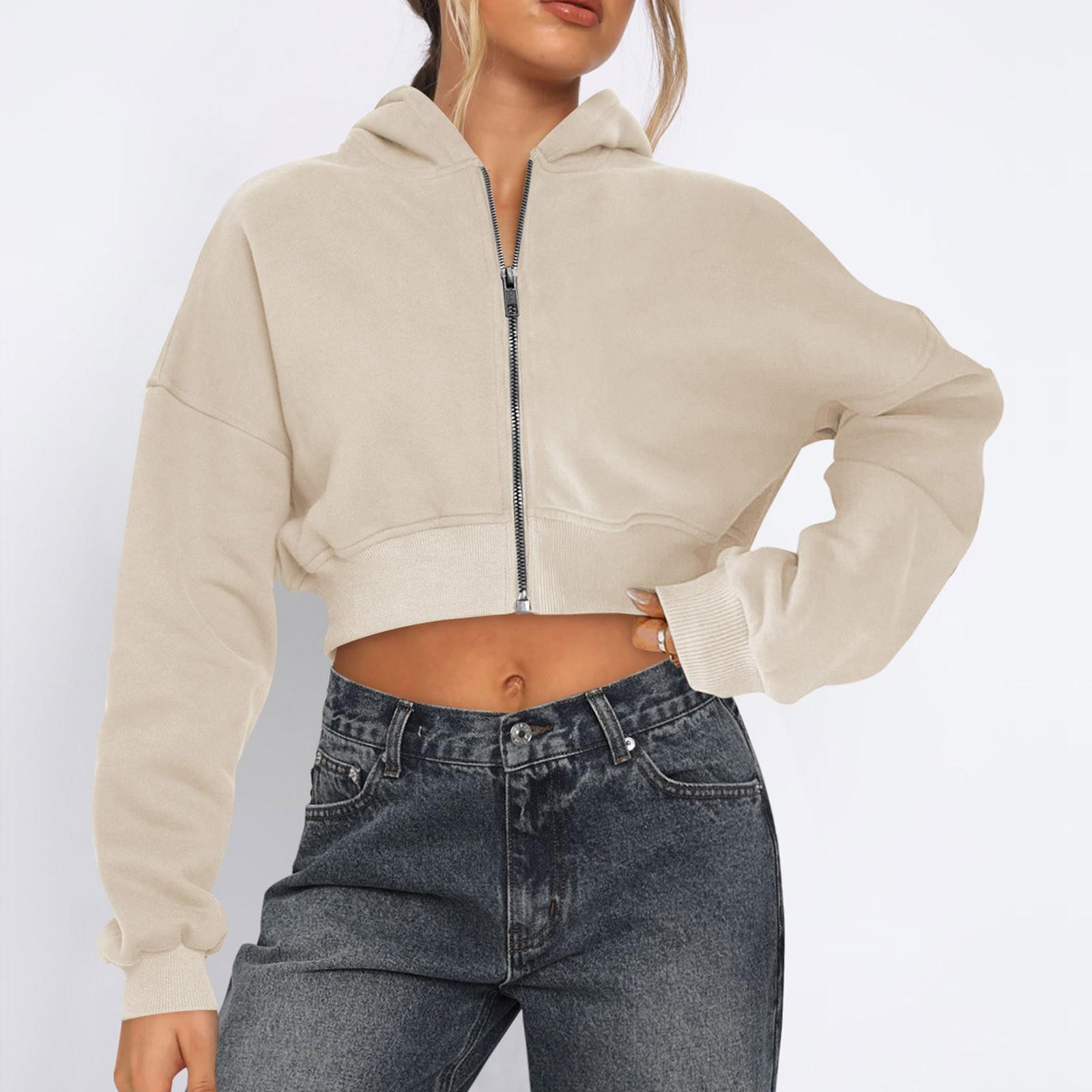 

Women s Hooded Outerwear Zipper Hooded Short Loose Sweatshirt L бежевий