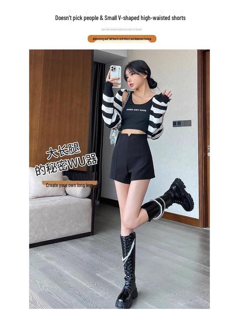 Black Women's High-Waisted A-Line Shorts - 2026 Trendy Spring/Summer Elastic Casual Wide-Leg Hot Pants