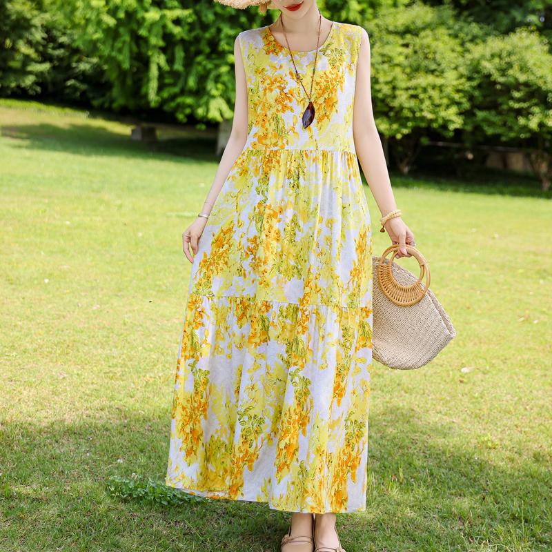Elegant Sleeveless Dress for Women Plus Size Short Sleeve Vintage Print Long Dress Summer Casual Middle-aged Women's Clothing