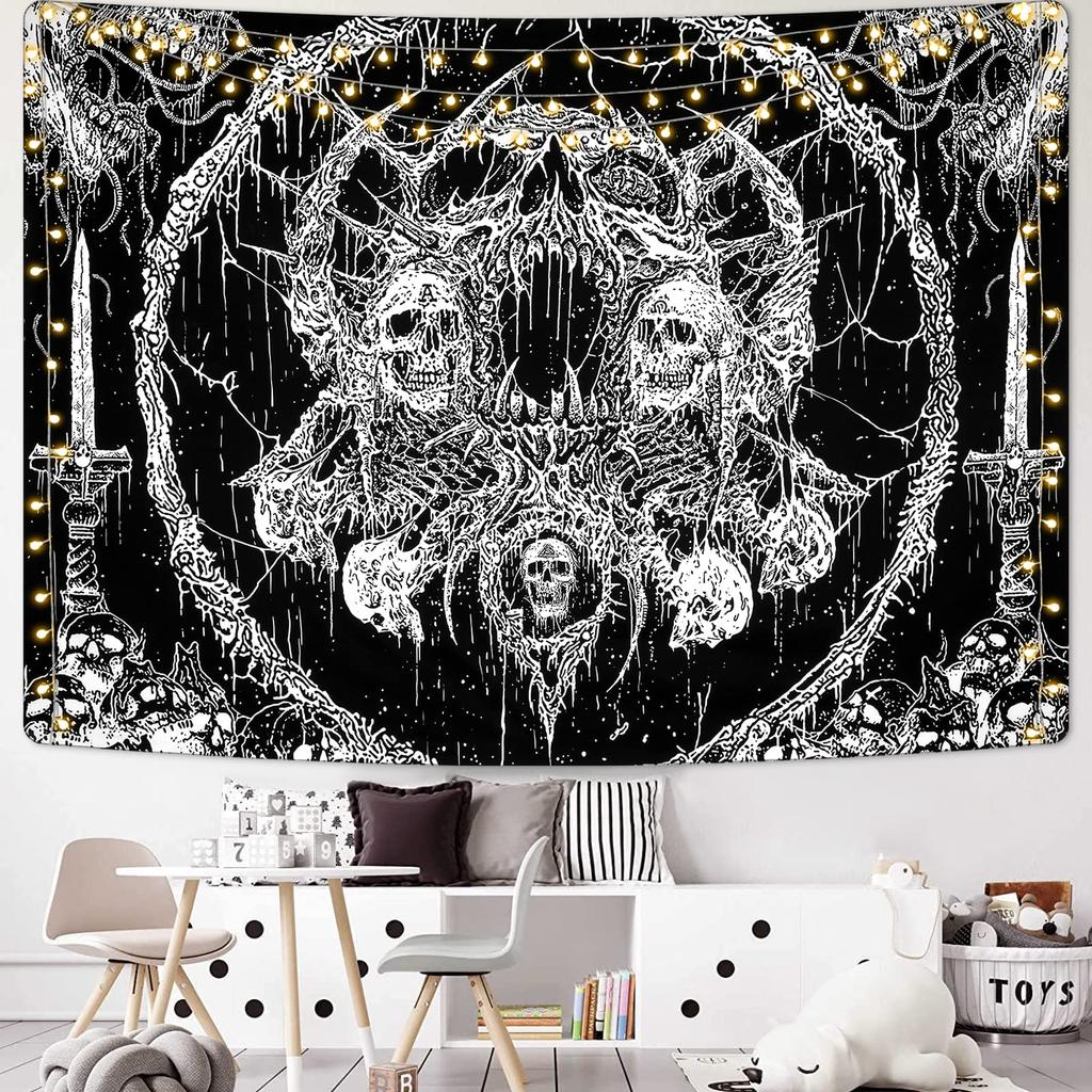 VIKAMA Halloween Tapestry Black and White Psychedelic Skull Tapestry Living Room Bedroom Holiday Party Decorative Tapestry
