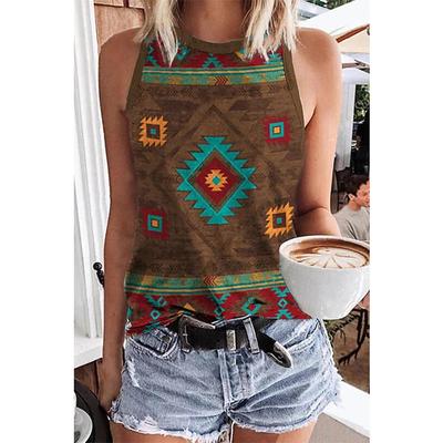 T-shirt sans manches imprimé 3D style ethnique géométrique pour femmes, Vêtements de rue, Haut Y2K, Débardeur épaules nues, T-shirt sexy