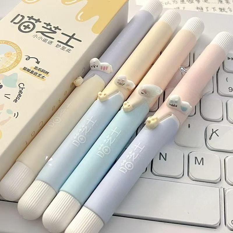 Kawai Stationery Ins Style High Looking Meow Cheese Rotating Gel Pen for Students To Study for Exams Quick Drying 0.5CS Black
