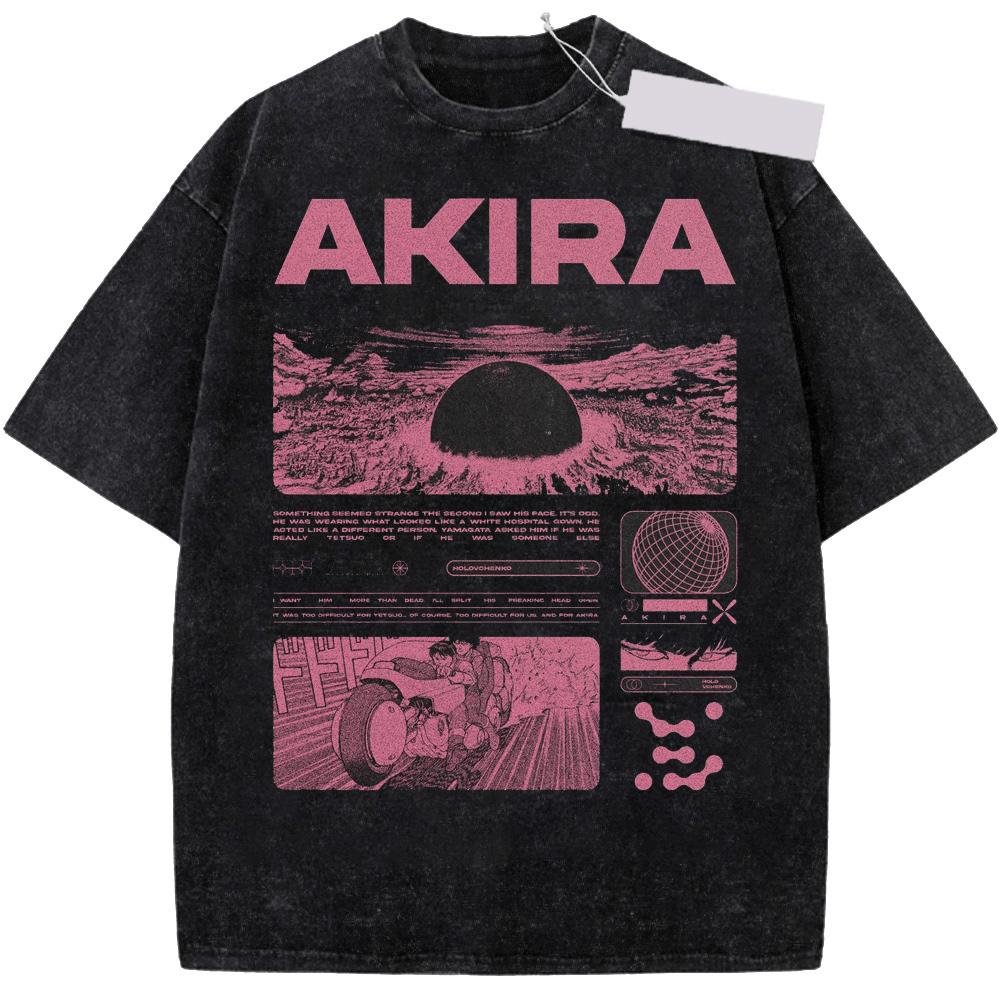 AKIRA Anime Printed T-shirt Harajuku Vintage Washed Oversized Tshirt Summer Short Sleeve 100% Cotton Tee Shirt Tops Men Clothing