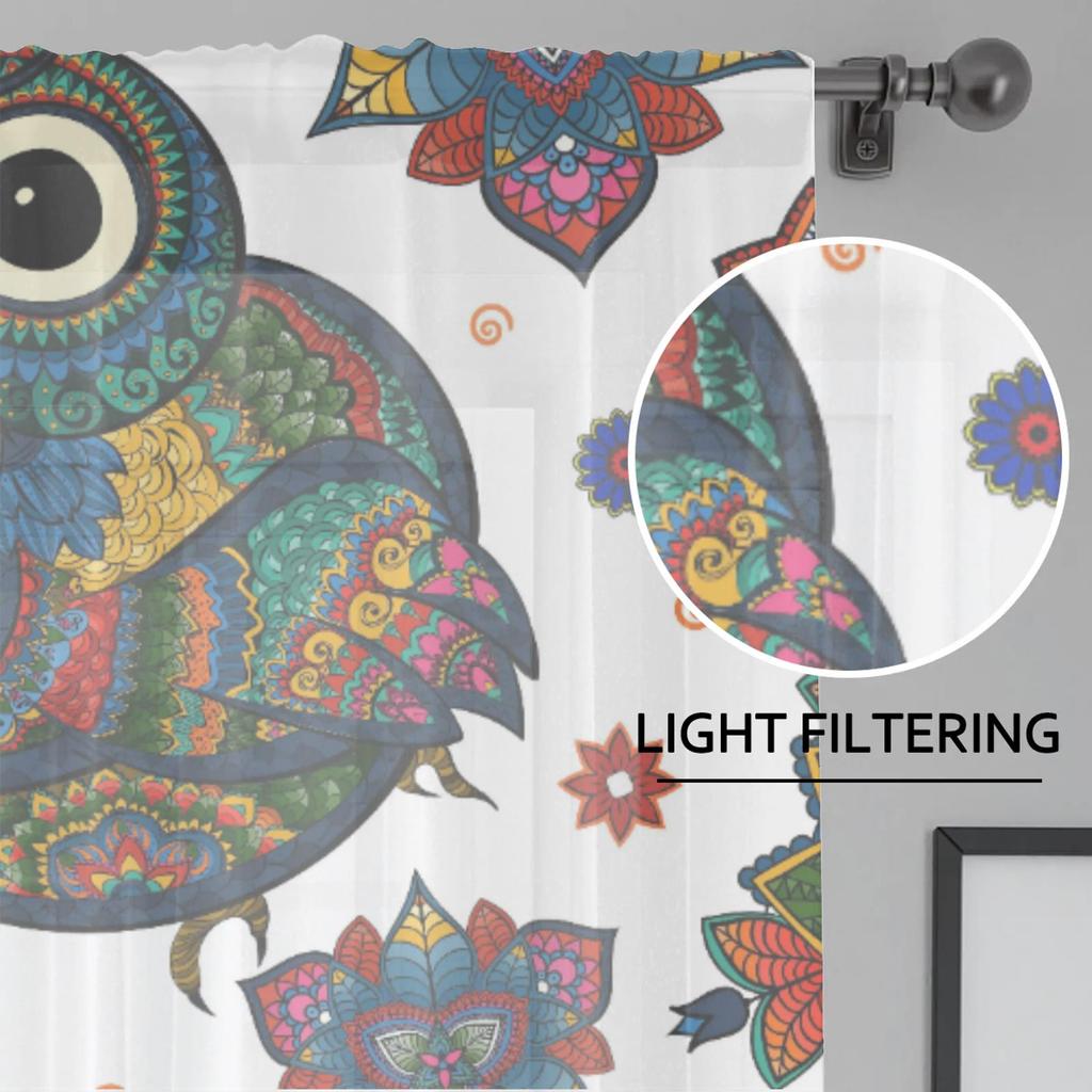 Herdesings Boho Ethno Eule Transparente Tüllvorhänge Chiffon Vorhänge 2 Paneele Fenstervorhänge für Wohnzimmer Schlafzimmer Küche Deko