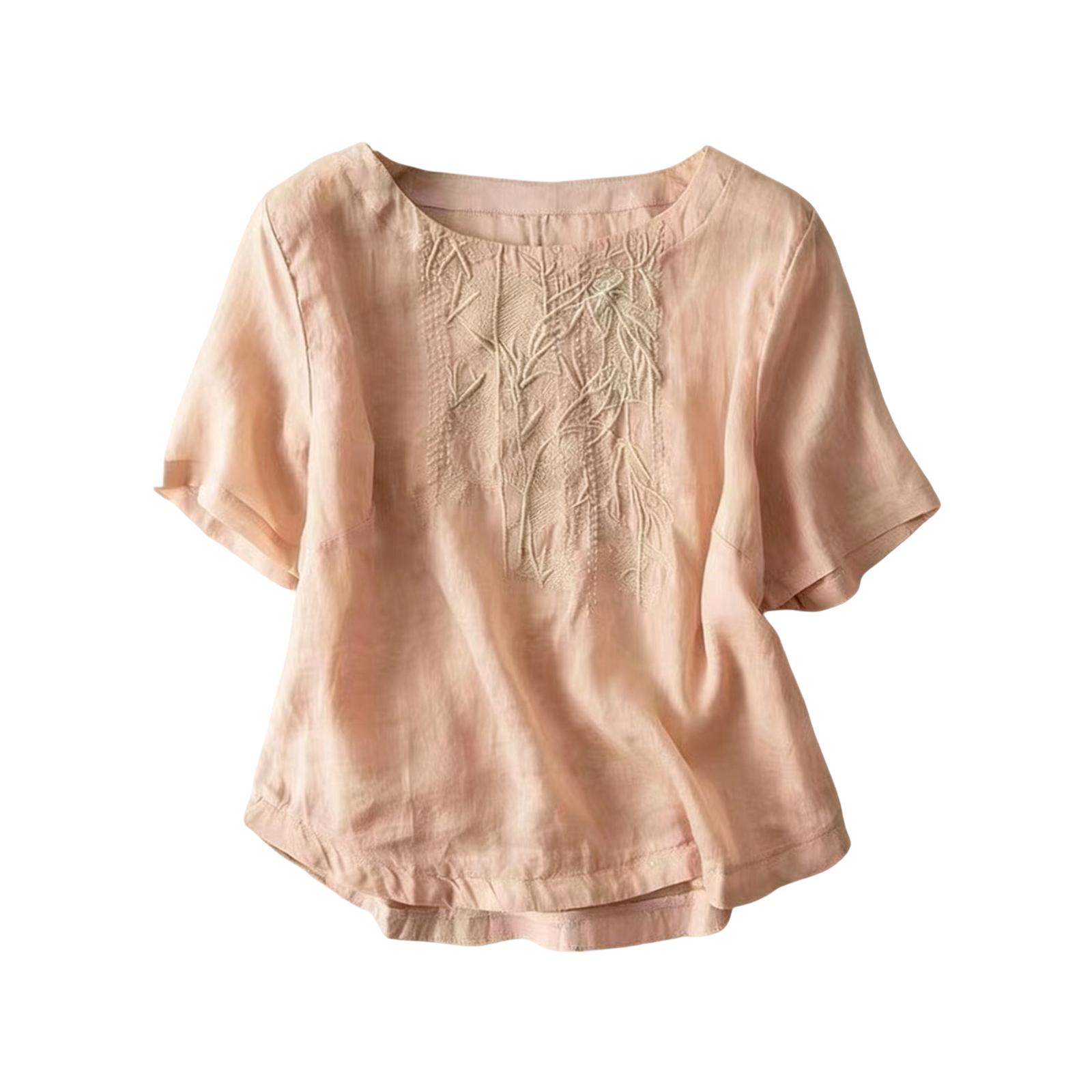 Women s Cotton And Linen Loose-fitting Short-sleeved Top L розовый