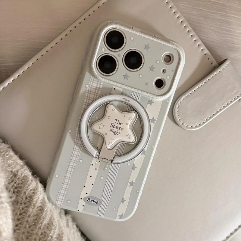 Korean Plaid Striped Splicing Fold Stars Magnetic Bracket Phone Case For iPhone 17 14 15 16 13 12 Pro Max Shockproof Soft Cover