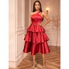 Women One Shoulder Cutout Satin Ruffle High Waist A Line Midi Dress For Party Evening