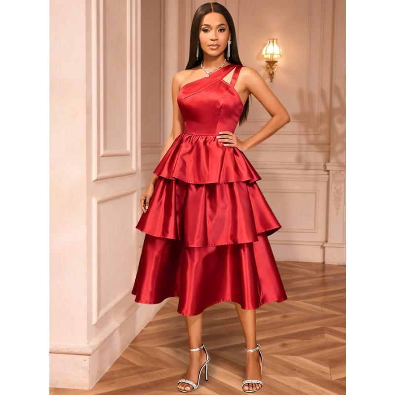 Women One Shoulder Cutout Satin Ruffle High Waist A Line Midi Dress For Party Evening