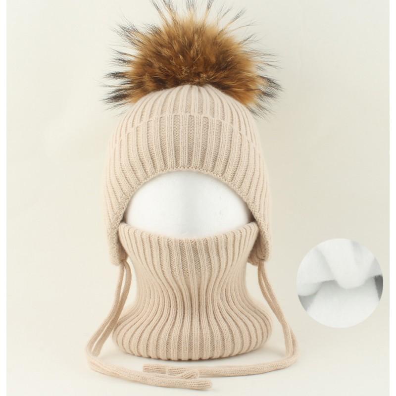 Kids Warm Knitted Hat With Faux Raccoon Fur Pom Matching Scarf Set Winter Cap Boys Girls