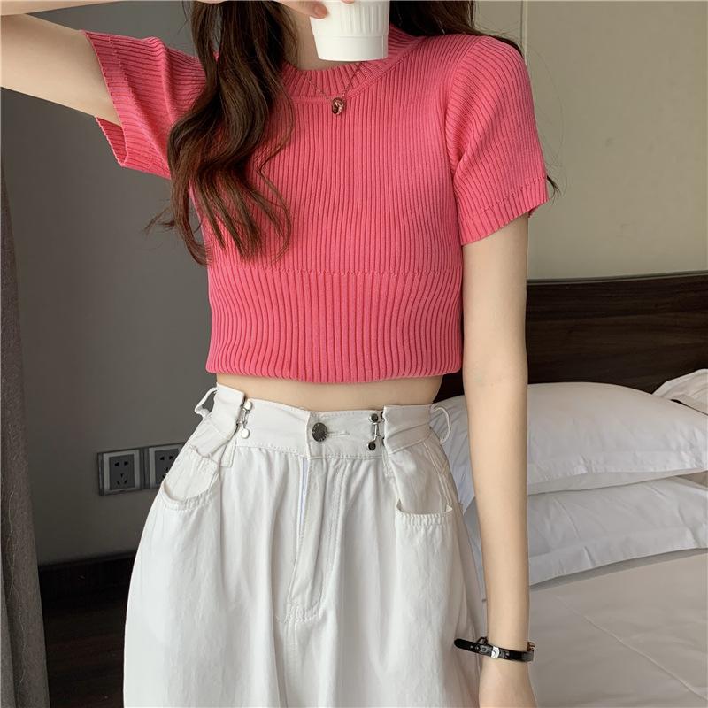 Round Neck Short-sleeved Knit Sweater Slim Thin Tide Short Paragraph Tops Female Casual Summer Essential Comfort and Style Slim Fit Pullovers Tees