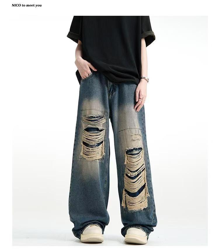 

Мужские трансграничные джинсы пэчворк в американском уличном стиле с рваными деталями - модный свободный дизайн с прямыми штанинами 3XL