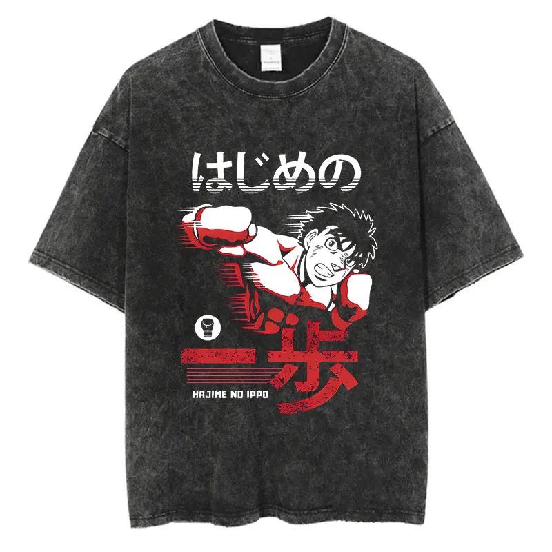 Vintage Cotton Washed TShirt Anime Hajime No Ippo Kamogawa Boxing Gym Loose T Shirts Men Women YK Hip Hop Summer Top Tee
