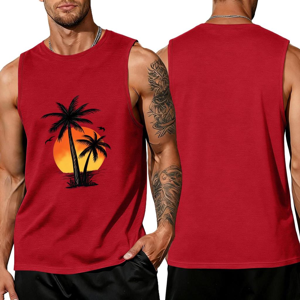 Men Sleeveless Crew Neck Tank Top with Tree and Print Relaxed Fit Casual Shirt for Summer Outdoor Use