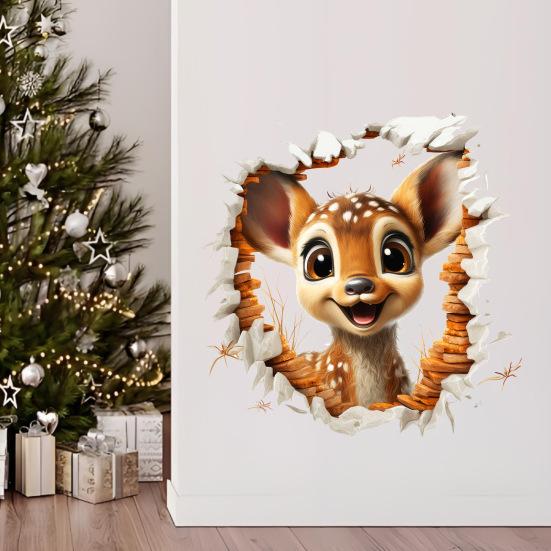 Christmas Wall Decals Animal Design Sticker PVC Removable 2D Sticker Creative Broken Wall Art for Kids Bedroom Playroom Home Decor