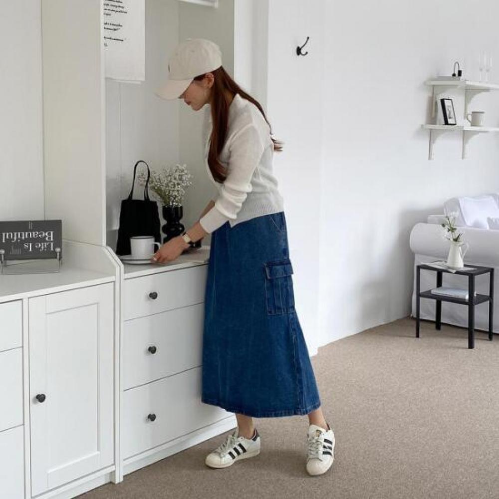 New Arrivals Open Run Women Long Denim Cargo Pocket Skirt Straight Nk Denim Sk