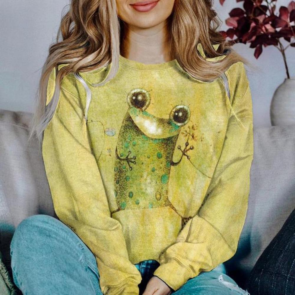

Винтажный мультяшный принт лягушки женские толстовки смешные графические толстовки женская одежда длинный рукав свободный топ повседневная рубашка XL