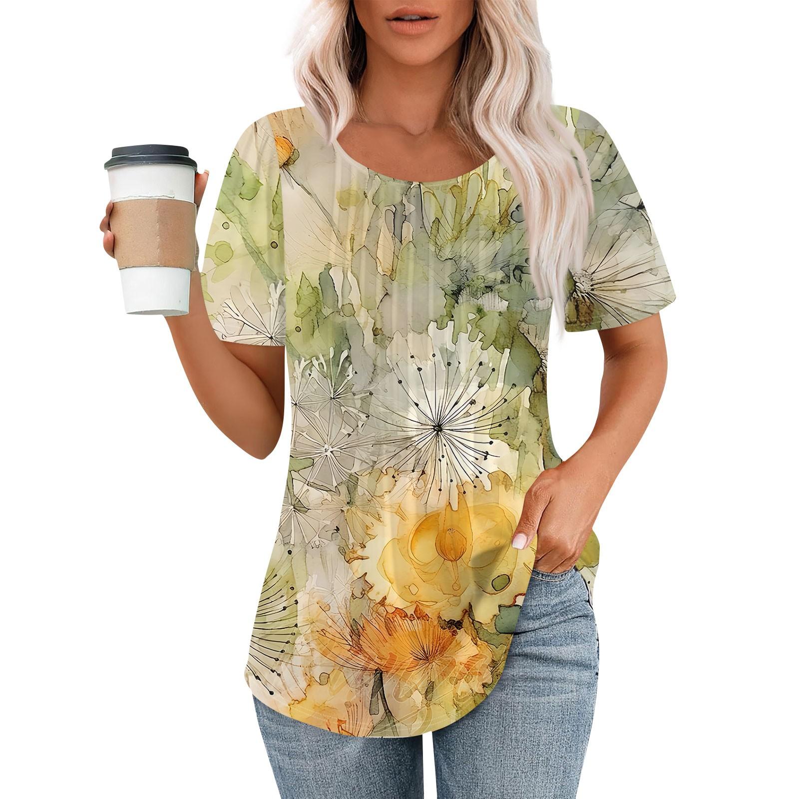 

Жіноча модна повсякденна плісирована футболка з круглим вирізом і квітковим принтом з короткими рукавами L жовтий