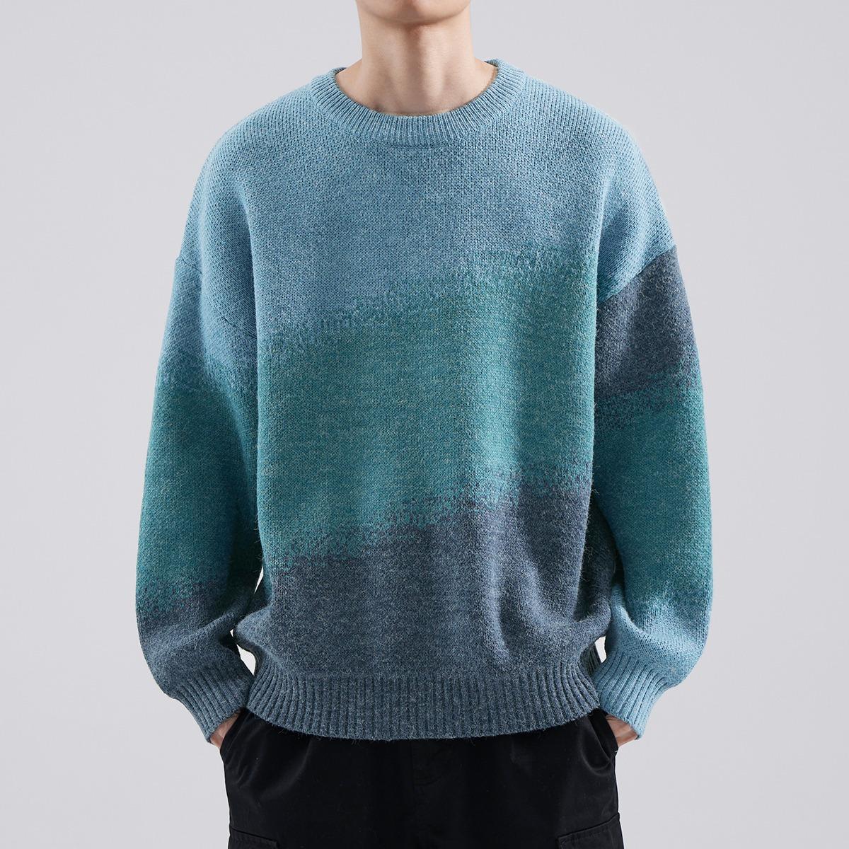 Autumn and winter thickened sweater men s round neck gradual change knitted sweater fashion loose lazy style men s color matching sweater sweater 3XL синий