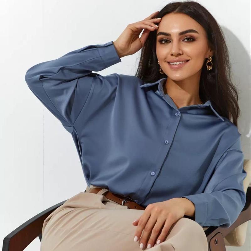 Frühlings- und Herbst Langarm Locker Damenhemden Einfache Mode Büro Damen Übergröße Damenblusen Lässige Oberteile Knopfleiste Revers Damenhemd 26016