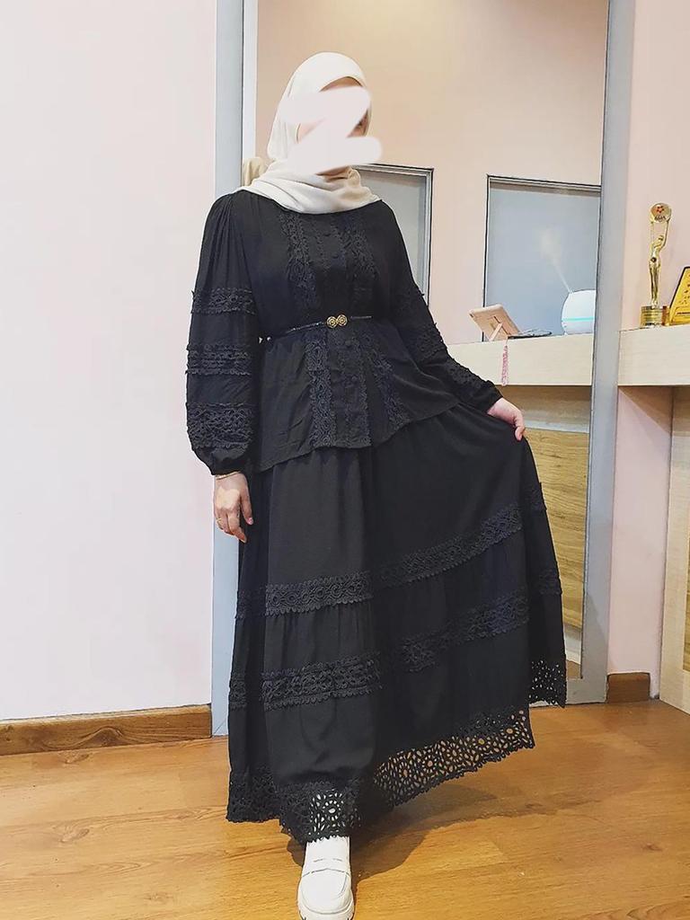 M276# Middle East Lace Applique Shirt & Loose A-line Long Skirt Set for Women