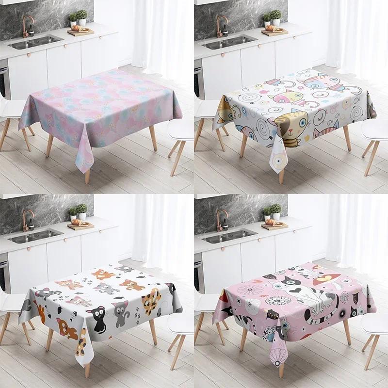 Home Decor Cartoon Cat Tablecloth Resistant Waterproof Table Decoration Rectangular Kitchen Fireplace Countertop
