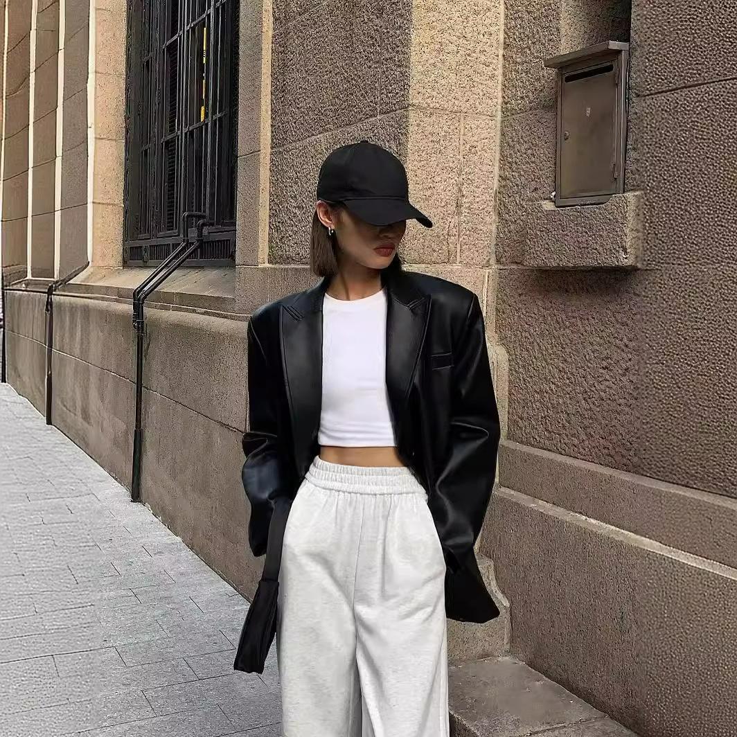 Black Leather Suit Jacket Women s Spring, Autumn and Winter Texture Loose Small Suit Clip XS