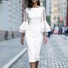 Abito midi aderente da donna 2026, trasparente, off-shoulder, a doppio strato, con maniche a campana e dettaglio a balze