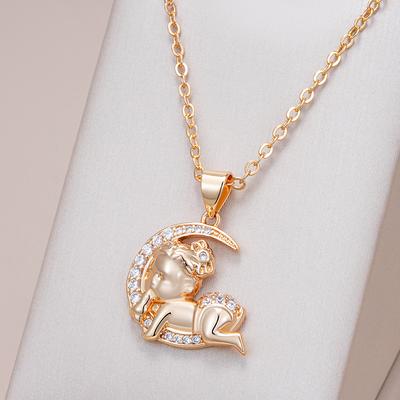Colar com Pingente de Lua Bebê Cor Ouro Rosa para Mulheres Moda Pingente de Zircônia Natural Joia Infantil Cristal Presente