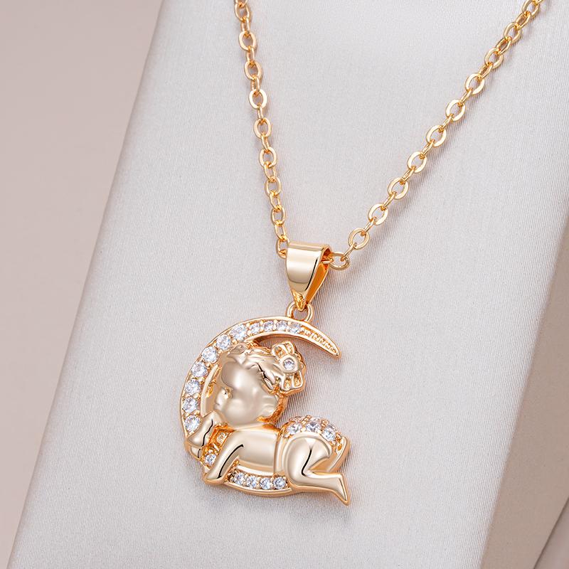 Rose Gold Color Moon Baby Pendant Necklace For Women Fashion Natural Zircon Pendant Child Jewelry Crystal Gift
