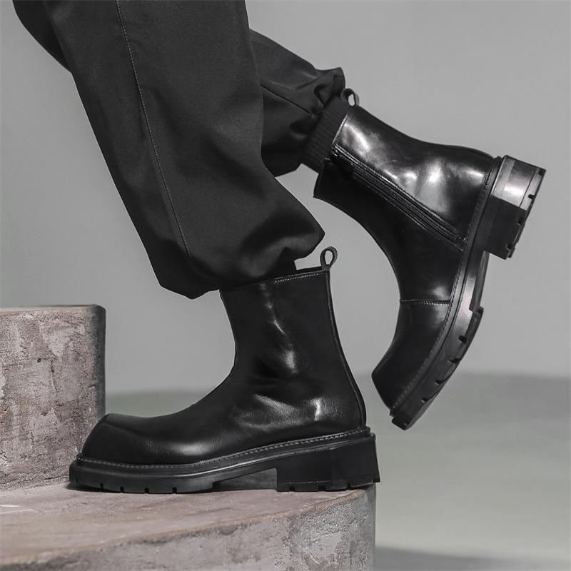 England Style Men Casual High Chelsea Boots Designer Square Toe Shoes Cowboy Genuine Leather Boot Handsome Platform Botas Hombre