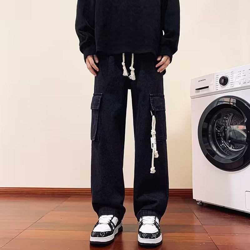 

Мужские джинсы в стиле ретро для работы — осенняя мода, свободный прямой крой, большие карманы, повседневные брюки широкого кроя на шнурке. Extra Large чёрный