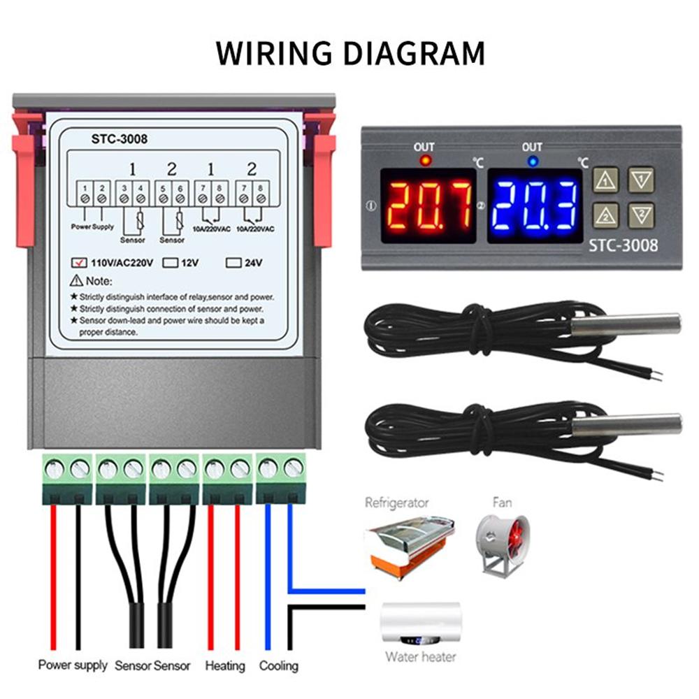 Controlador de Temperatura Digital Duplo STC-3008 Termostato com Saída de Dois Relés Aquecedor com Sonda 12V 24V 220V Geladeira Doméstica Frio Calor