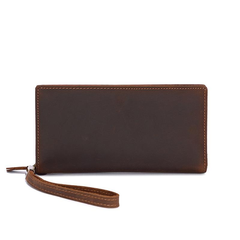 Genuine Crazy Horse Leather Long Wallet for Men Zippered Multi-Card Organizer with High Capacity Design