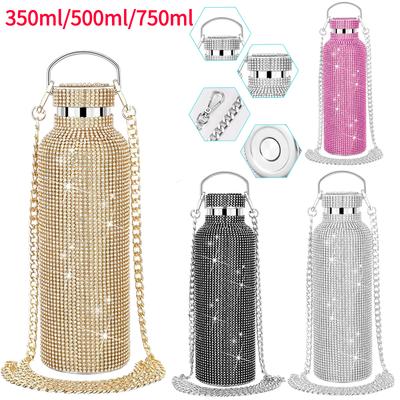 350ml/500ml/750ml Sticle termos Bling Diamond Sticlă portabilă cu sclipici cu strass Sticlă de apă încrucișată Balon termic din oțel inoxidabil