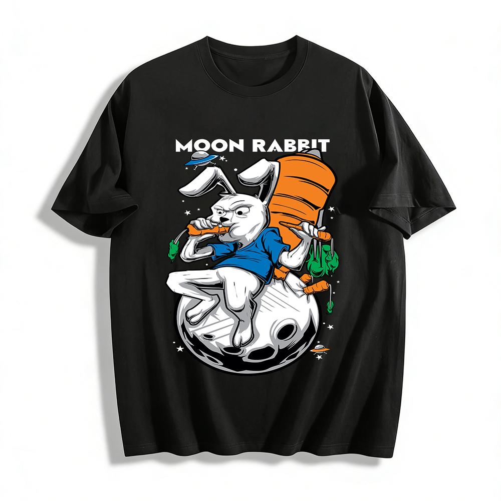 

Funny Rabbit Moon Landing Print Tee Cool Alien Spaceship Graphic Top Pure cotton T-shirt XXS
