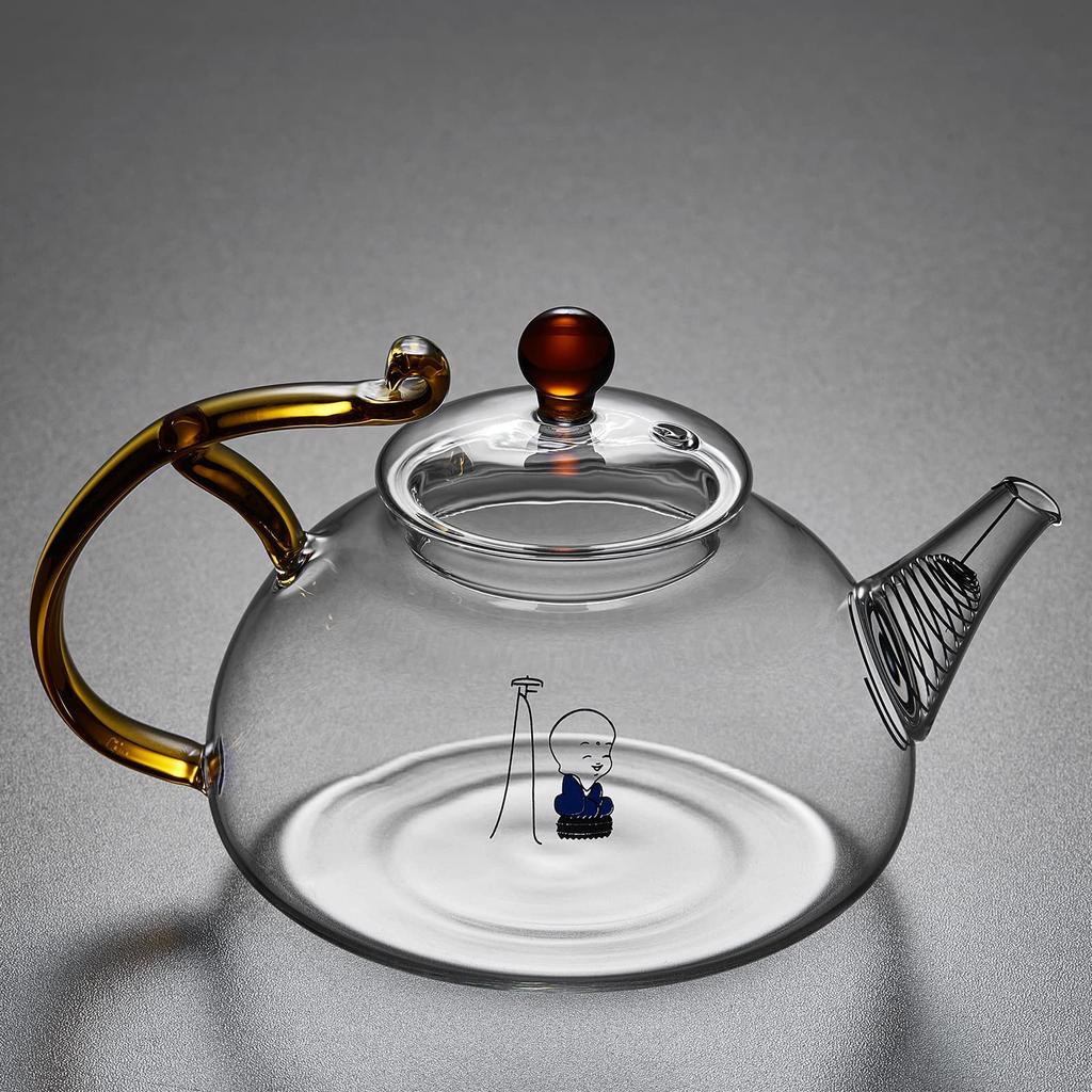 Pokaro Tea Glass Teapot, Heat-Resistant, Clear, Shatter-Resistant, Zen, Monk-Style, Round Teapot for Black Tea, Green Tea, Fruit Tea, and Loose Leaf