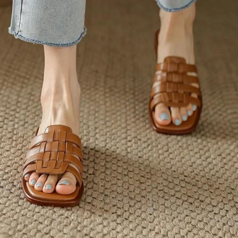 Female Shoes On Sale 2024 Women's Slippers Outdoor Square Toe Solid Open Toe Square Heels Hollow Summer Beach Slippers Women