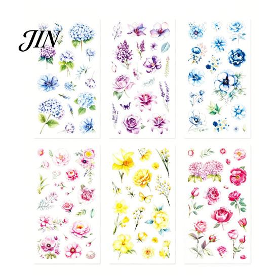 Nature Themed Stickers 6 Sheets/Set Natural Flower Scrapbook Stickers, Waterproof PVC Floral Plants Decals, Botanical Art Transparent Decorative
